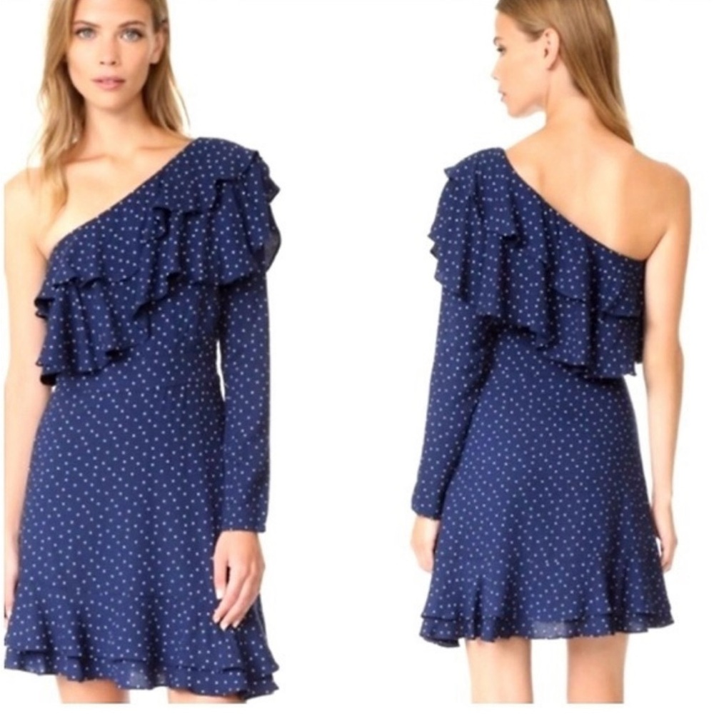 NWT Wayf Navy Polka Dot One-Shoulder Dress